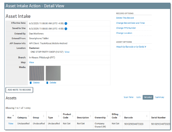 Asset Intake Action Detail View