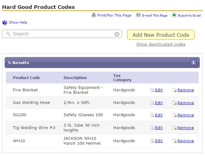 Hard Goods Product Codes